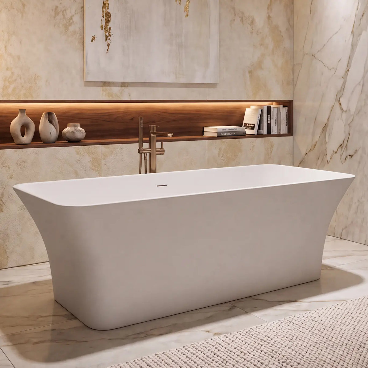A modern freestanding bathtub in a luxurious marble bathroom with warm lighting, a bronze floor lamp, and a built-in wood shelf with decorative vases.