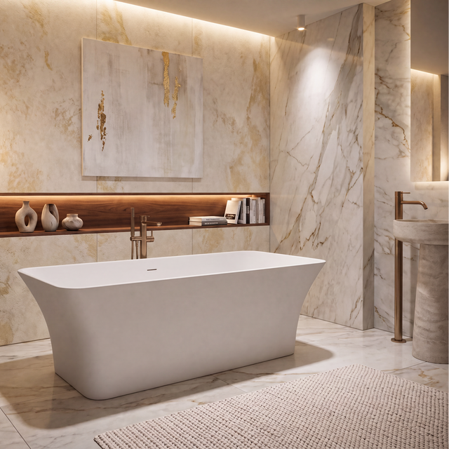 A modern freestanding bathtub in a luxurious marble bathroom with warm lighting, a bronze floor lamp, and a built-in wood shelf with decorative vases.