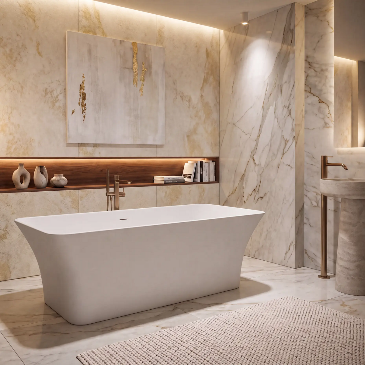 A modern freestanding bathtub in a luxurious marble bathroom with warm lighting, a bronze floor lamp, and a built-in wood shelf with decorative vases.