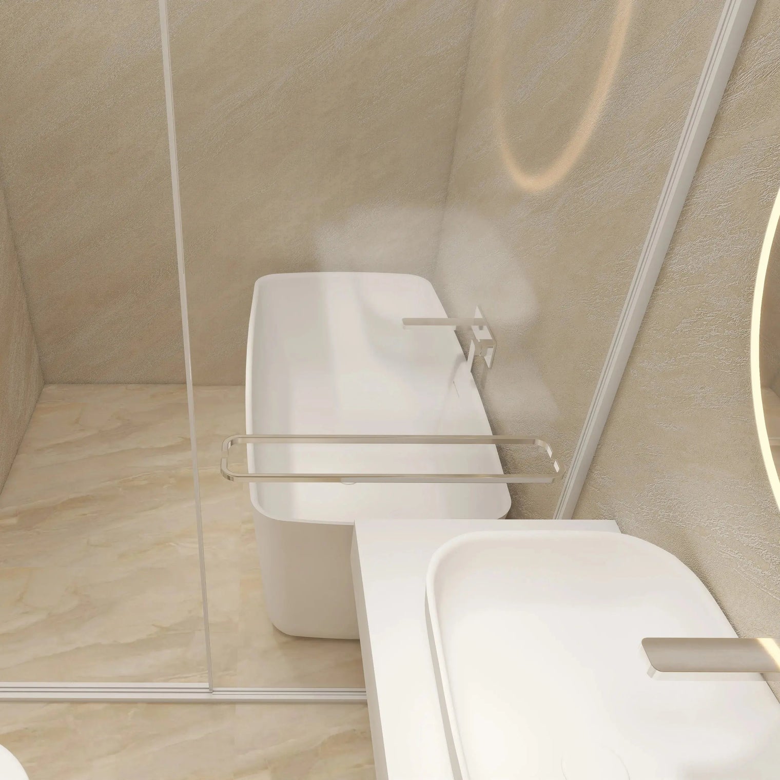 Modern bathroom with beige tiles and white fixtures