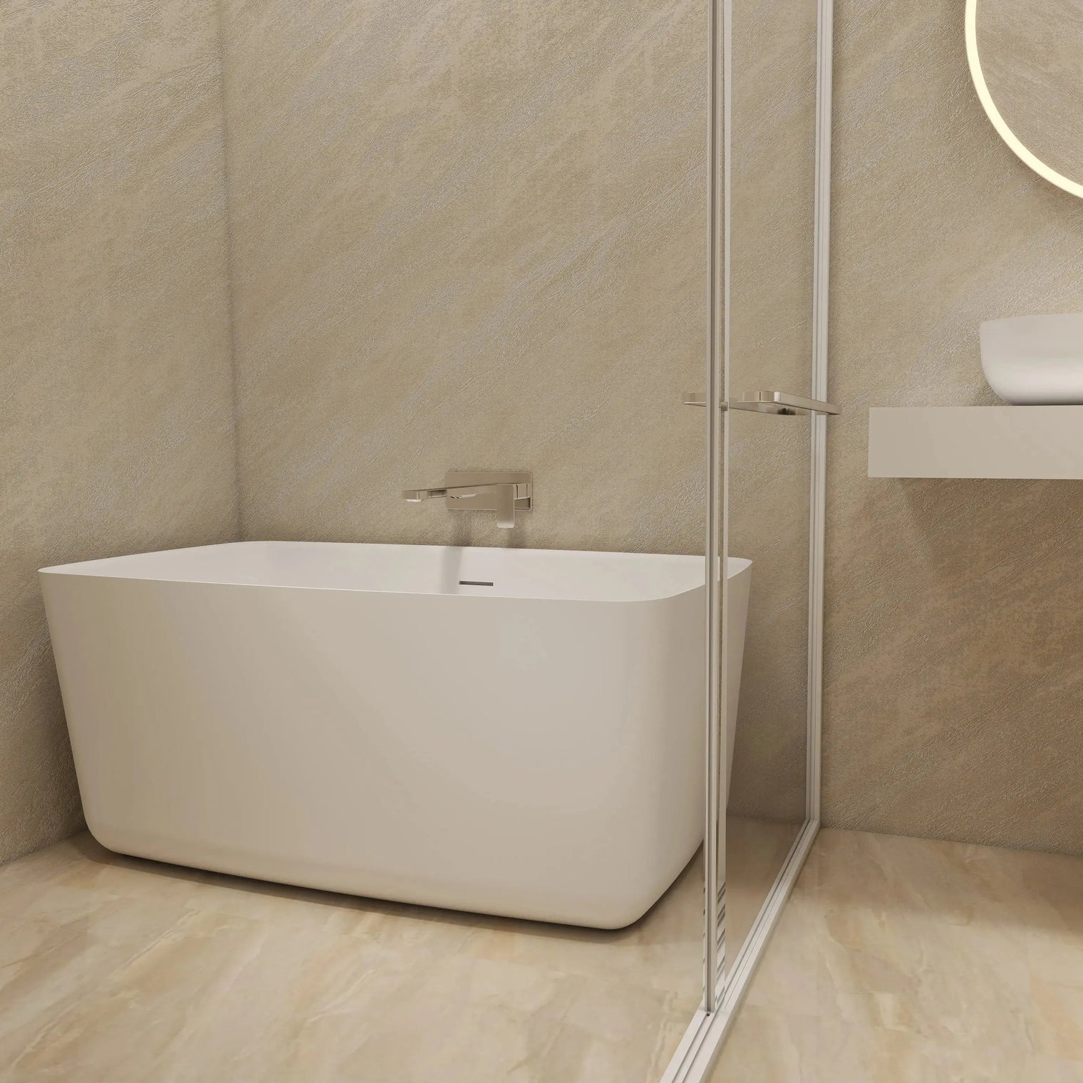 Modern bathroom with a freestanding bathtub and glass shower enclosure.