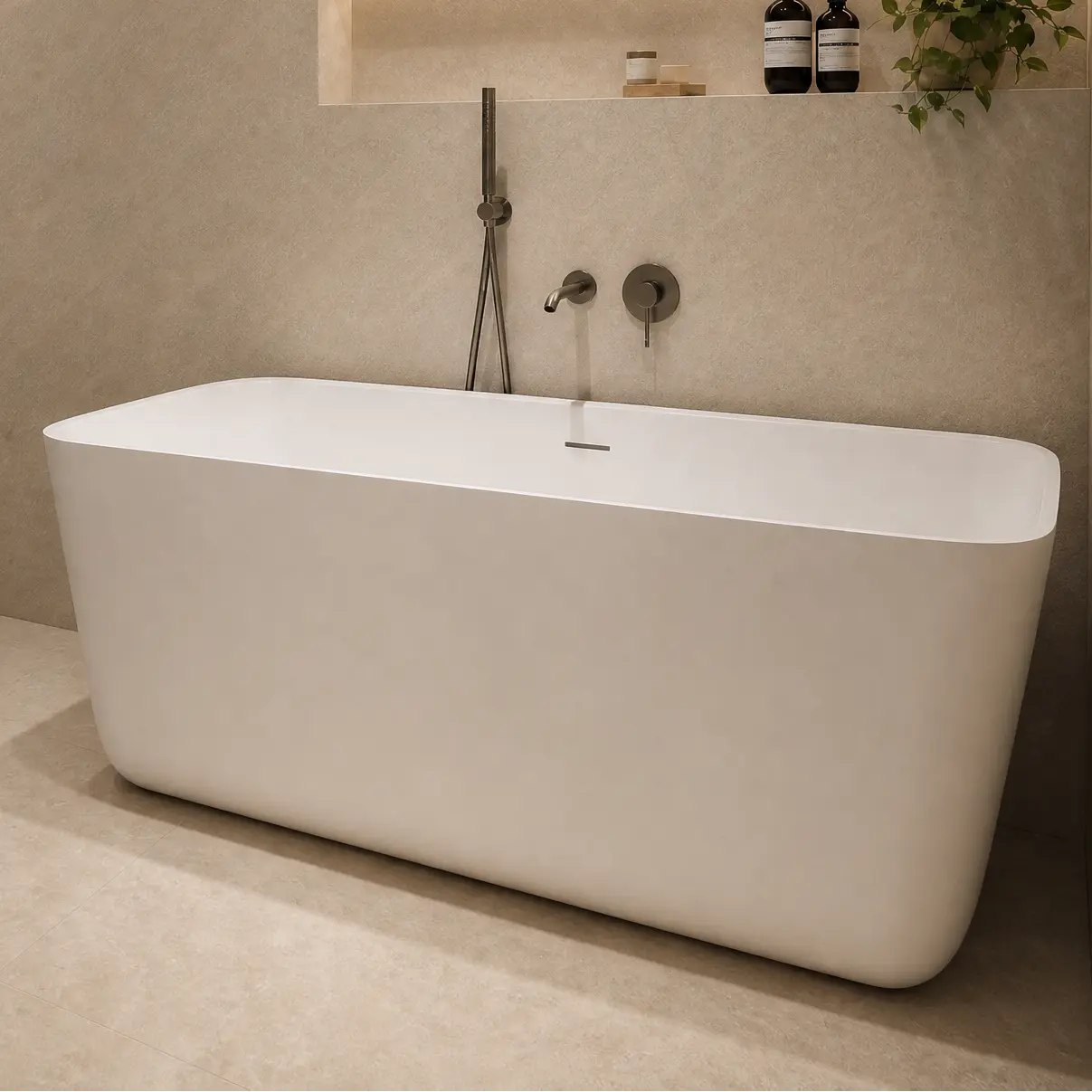 A modern freestanding bathtub in a minimalist beige-toned bathroom, with a glass shower enclosure, built-in shelving, and warm ambient lighting.