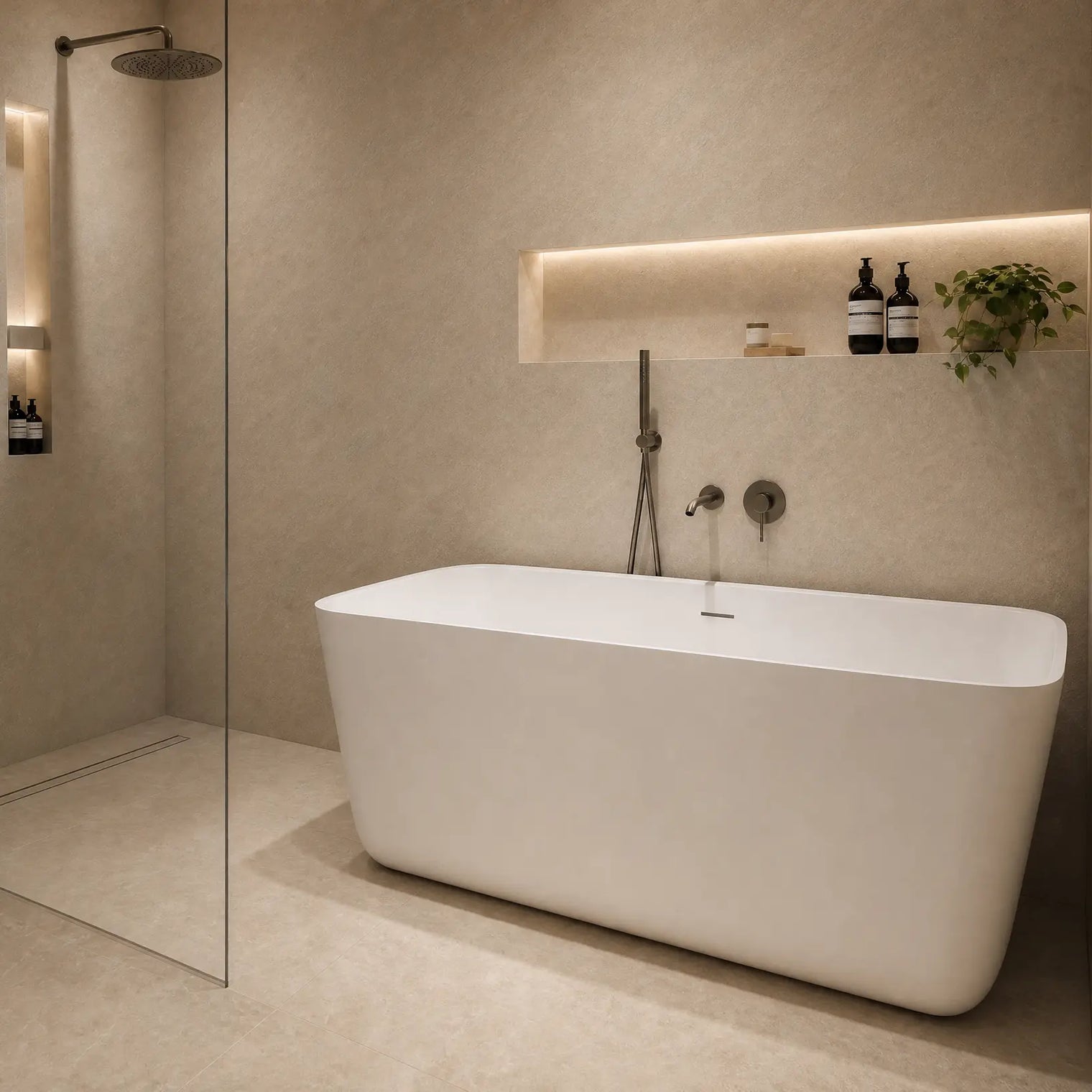 A modern freestanding bathtub in a minimalist beige-toned bathroom, with a glass shower enclosure, built-in shelving, and warm ambient lighting.