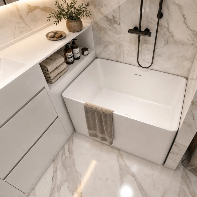 A modern freestanding white bathtub installed in a marble bathroom, with a black wall-mounted shower fixture, beige towels, a vanity shelf with toiletries, and a woven basket on the floor.