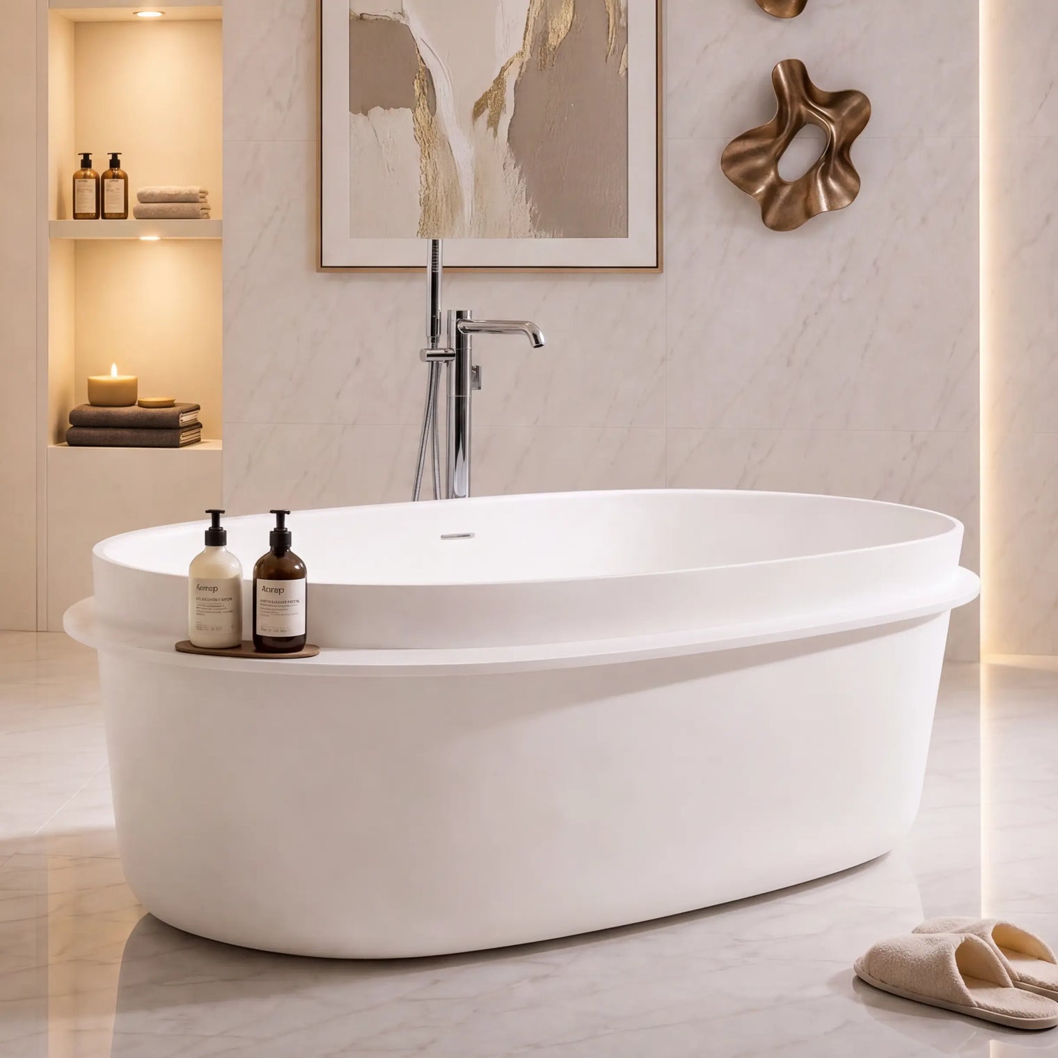 A modern freestanding oval bathtub in a bright, minimalist bathroom with warm ambient lighting, a wall-mounted sink, a round backlit mirror, framed wall art, and a small woven basket with a towel.