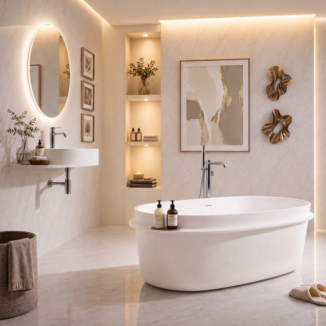 A modern freestanding oval bathtub in a bright, minimalist bathroom with warm ambient lighting, a wall-mounted sink, a round backlit mirror, framed wall art, and a small woven basket with a towel.