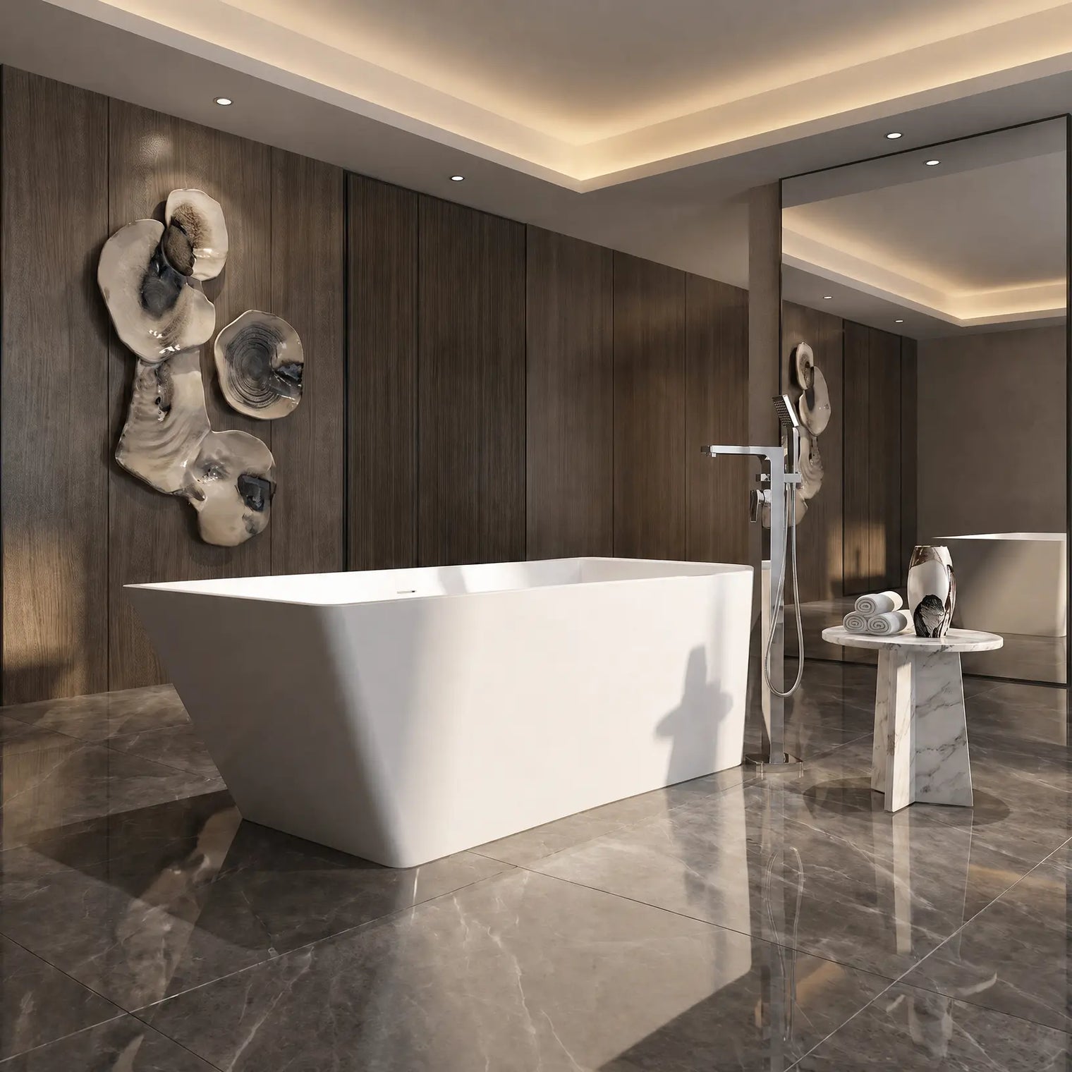A modern freestanding white bathtub in a luxurious bathroom with dark wood paneling, gray marble flooring, a wall-mounted chrome shower head, and decorative wall art.