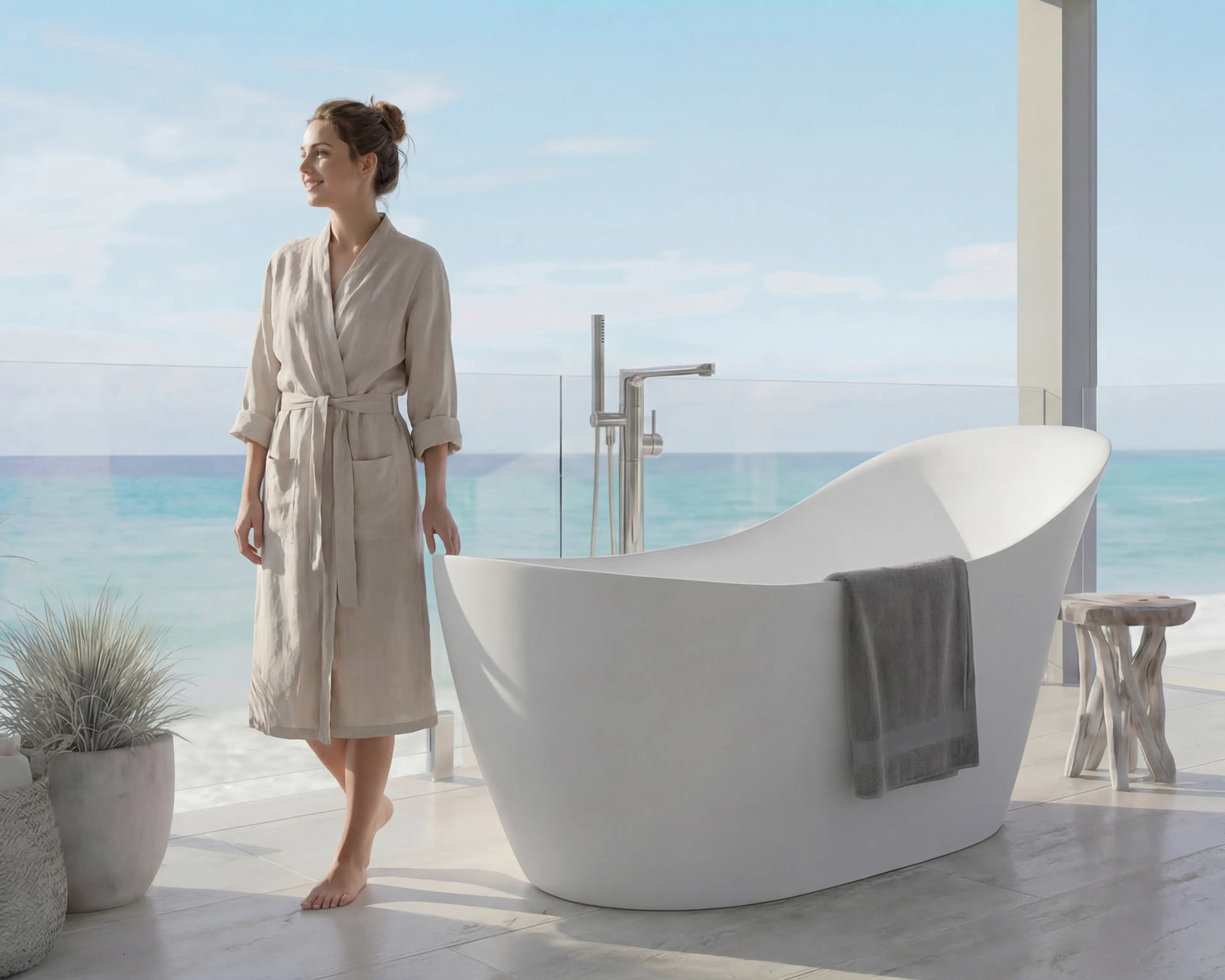 Woman in a bathrobe standing next to a freestanding bathtub with a scenic ocean view.