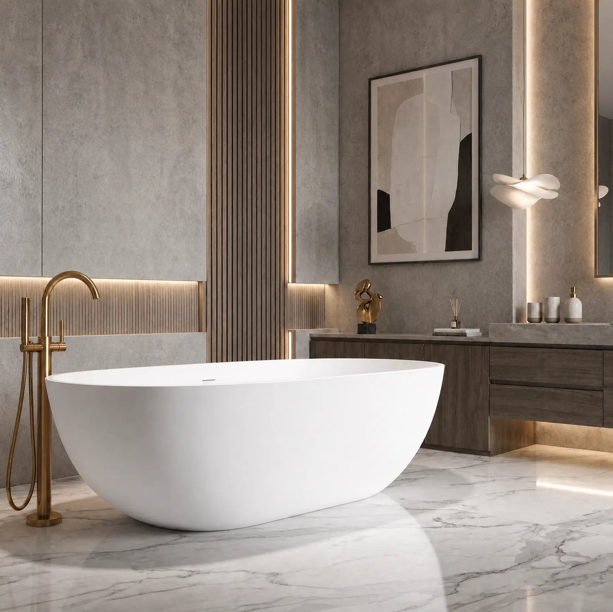 A modern freestanding oval bathtub in white with a brushed gold faucet, set in a contemporary bathroom with gray stone walls and marble flooring.