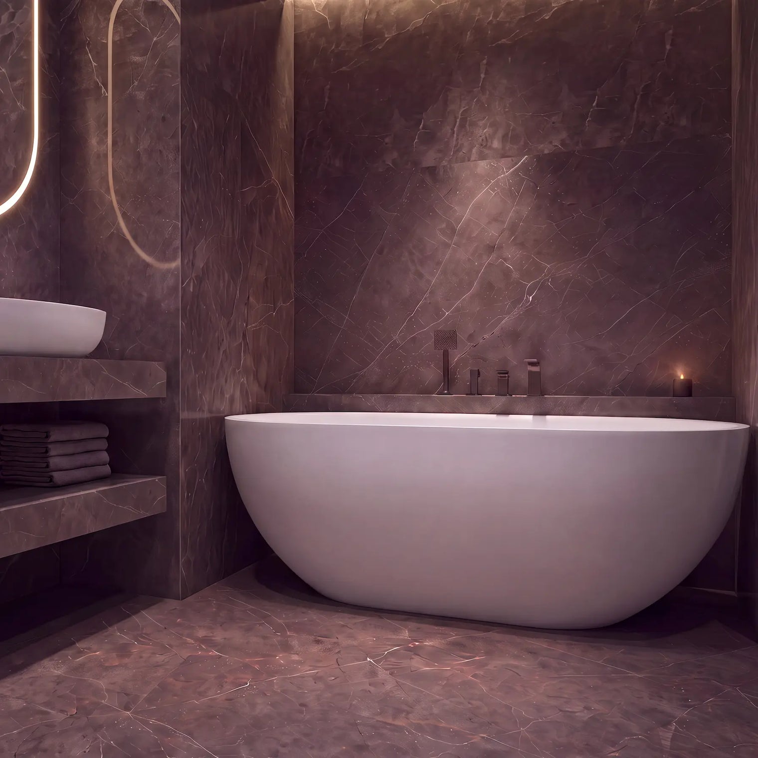 A modern freestanding oval bathtub in a dark, luxurious bathroom with brown marble walls and floor, featuring a floating vanity with a white vessel sink and a glowing LED mirror.