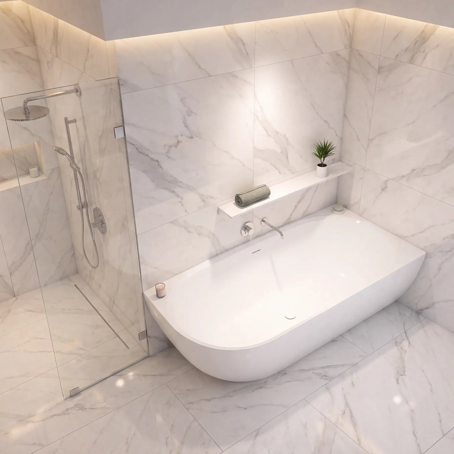 A modern freestanding bathtub in a bright marble-tiled bathroom with a glass shower door and built-in shelf.