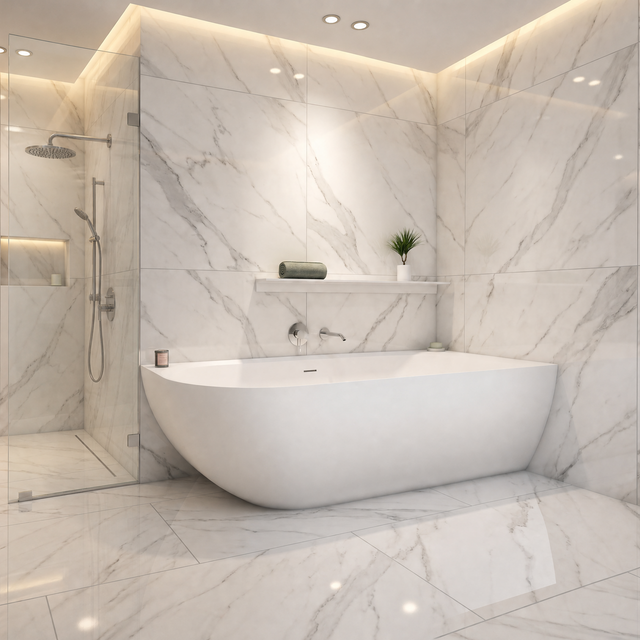 A modern freestanding bathtub in a bright marble-look bathroom with matching tiled walls and floor, a glass shower enclosure, and built-in shelving.