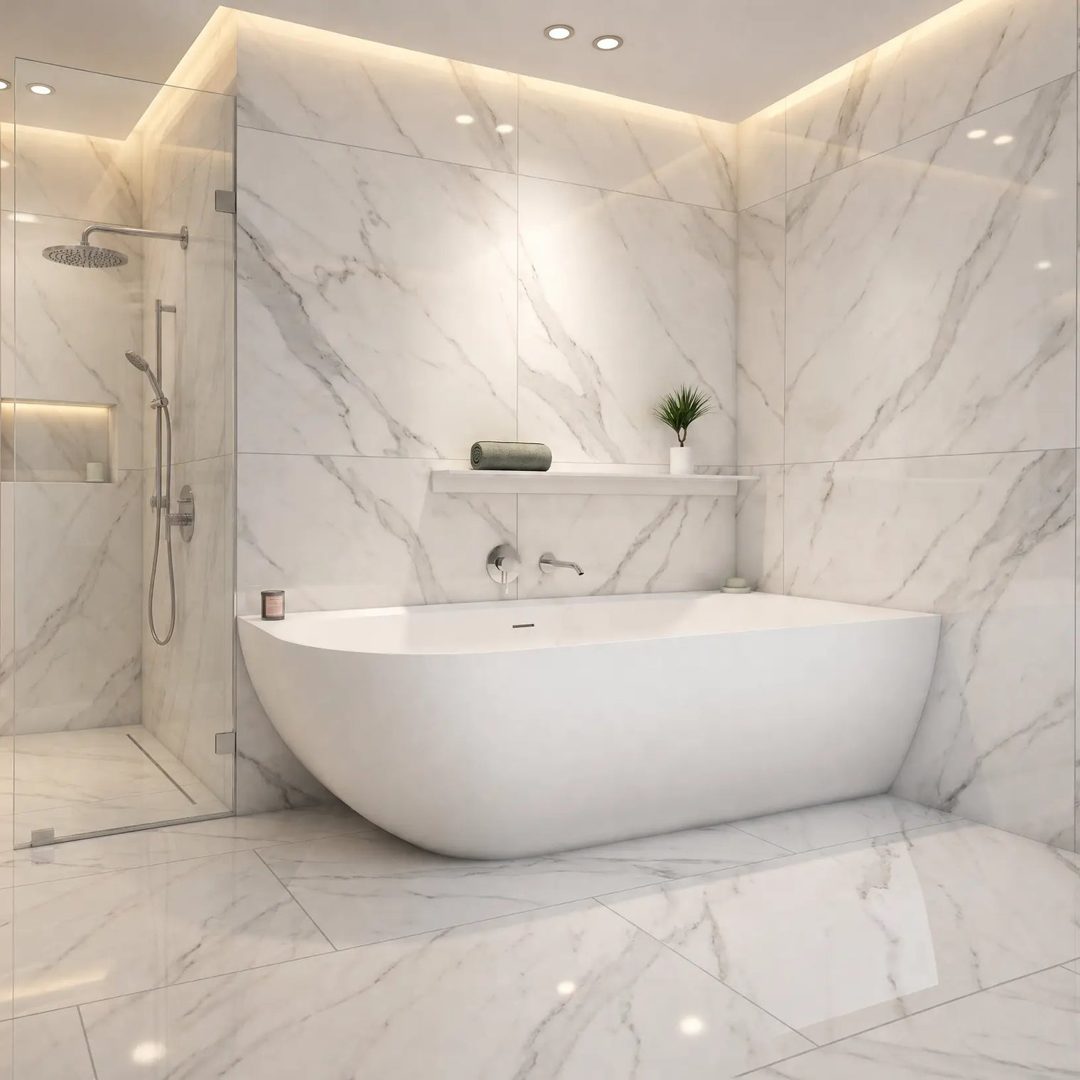 A modern freestanding bathtub in a bright marble-look bathroom with matching tiled walls and floor, a glass shower enclosure, and built-in shelving.