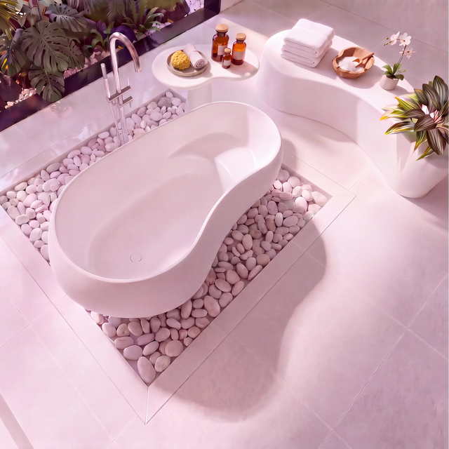 A modern freestanding oval bathtub in matt white, set on a bed of white pebbles in a bright, minimalist bathroom with tropical plants and white fixtures.
