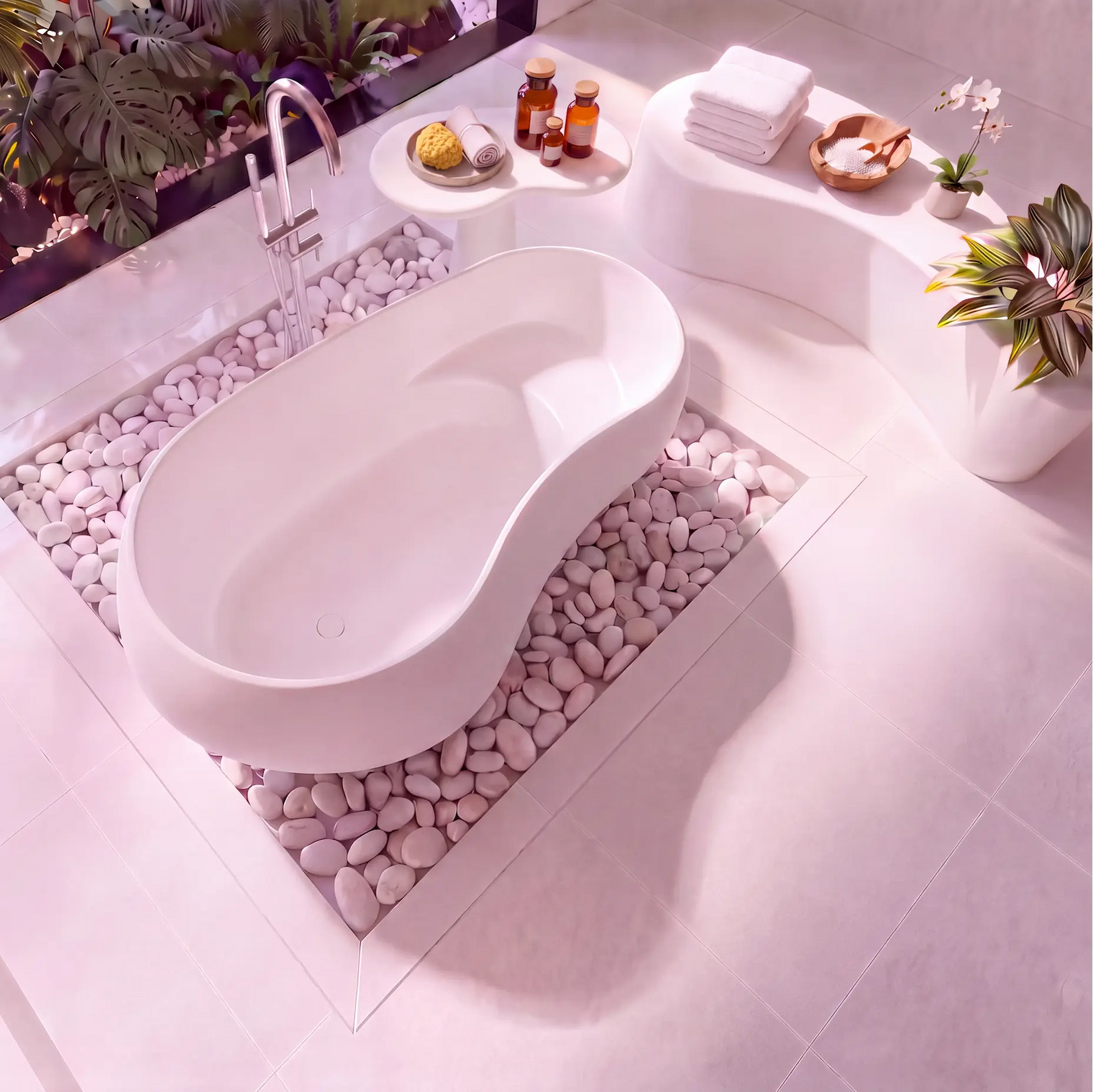 A modern freestanding oval bathtub in matt white, set on a bed of white pebbles in a bright, minimalist bathroom with tropical plants and white fixtures.