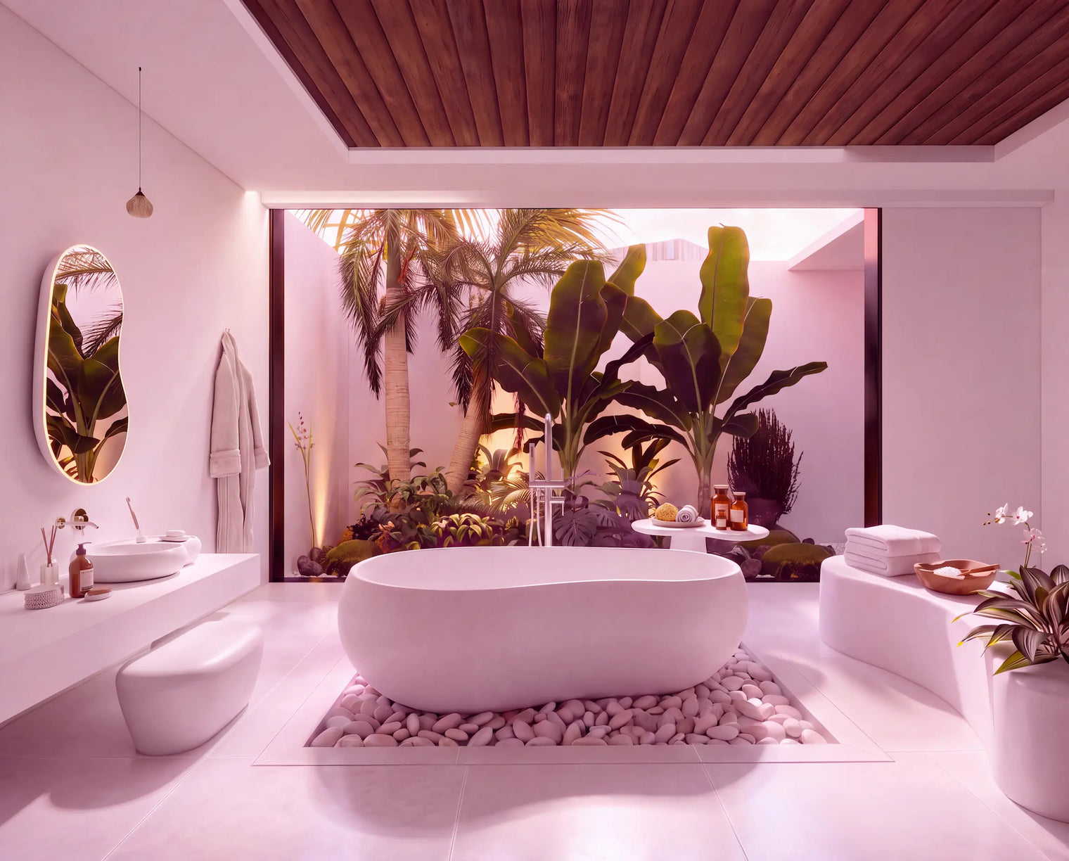 A modern freestanding oval bathtub placed on white pebbles in a bright, minimalist bathroom with pink-toned lighting. Large tropical plants and a wooden ceiling are visible through the open back wall, creating an outdoor garden view.