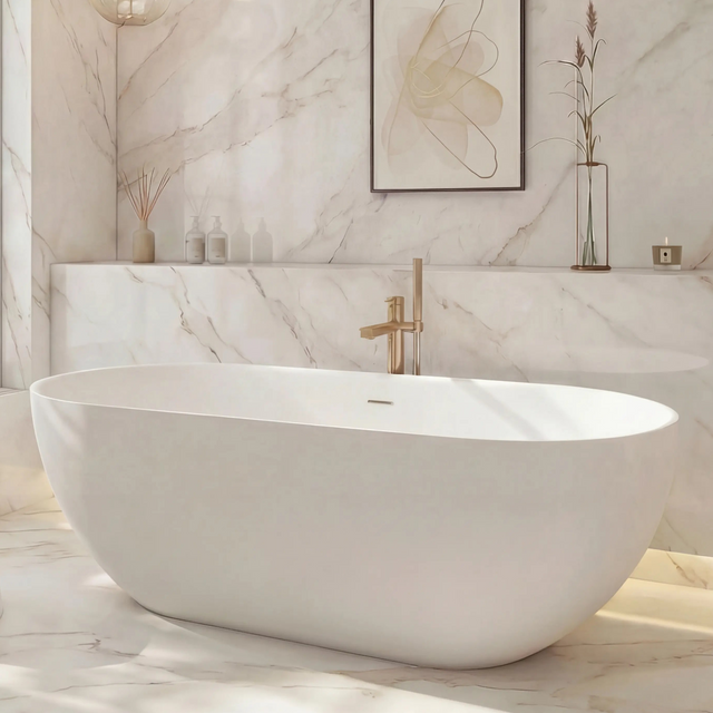 Modern bathroom with a freestanding bathtub, marble walls, and a large window.