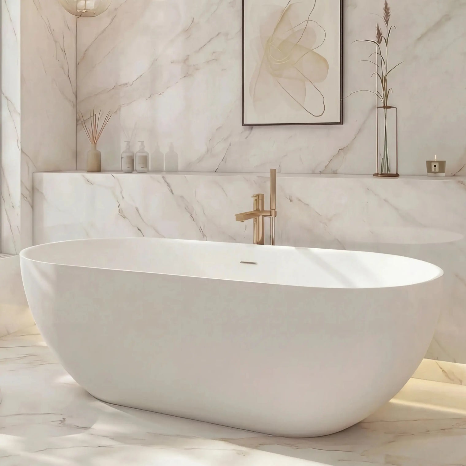 Modern bathroom with a freestanding bathtub, marble walls, and a large window.