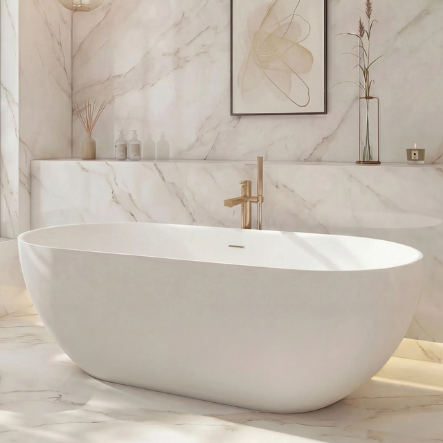 Modern bathroom with a freestanding bathtub, marble walls, and a large window.