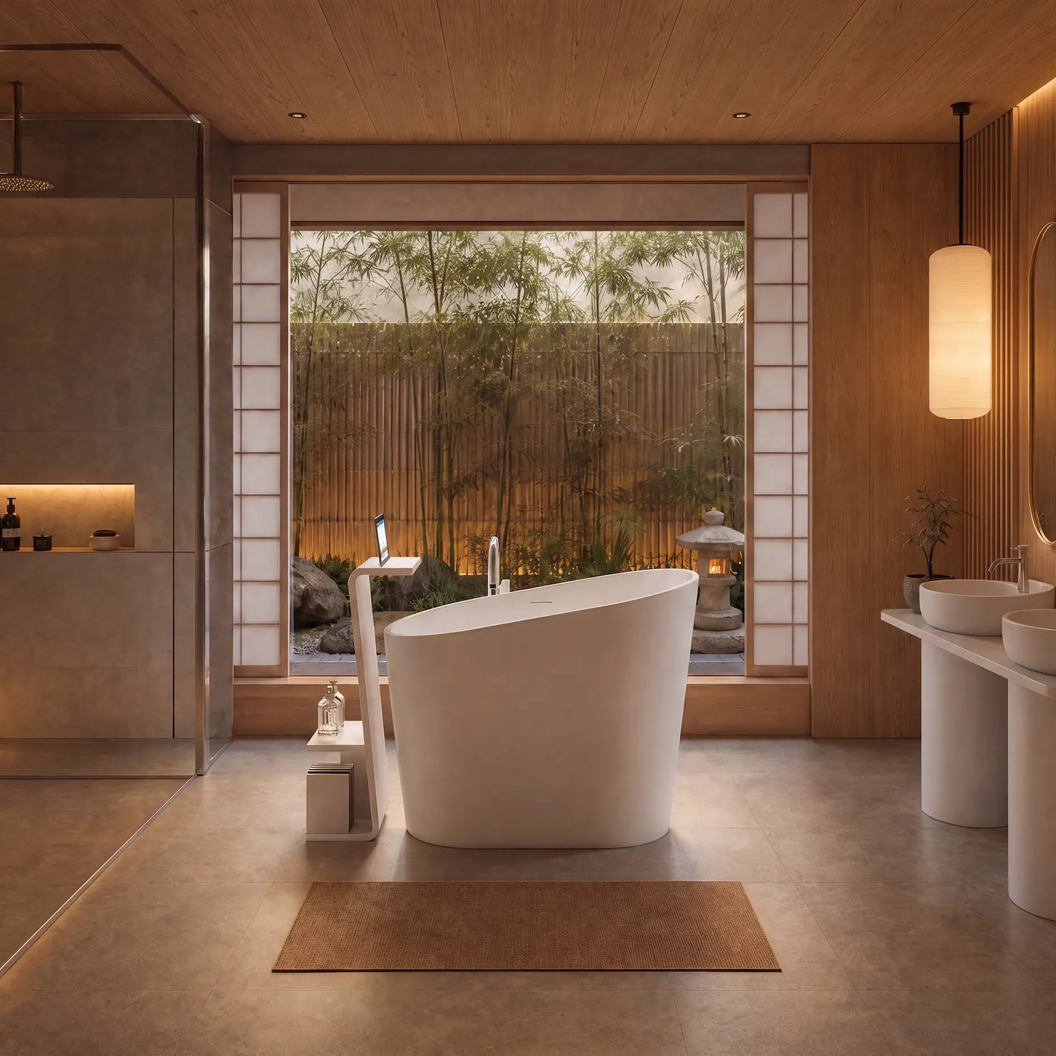 A modern freestanding oval bathtub in a minimalist, warm-toned bathroom with wood walls, dual pedestal sinks, a glass shower enclosure, and a large window overlooking bamboo.
