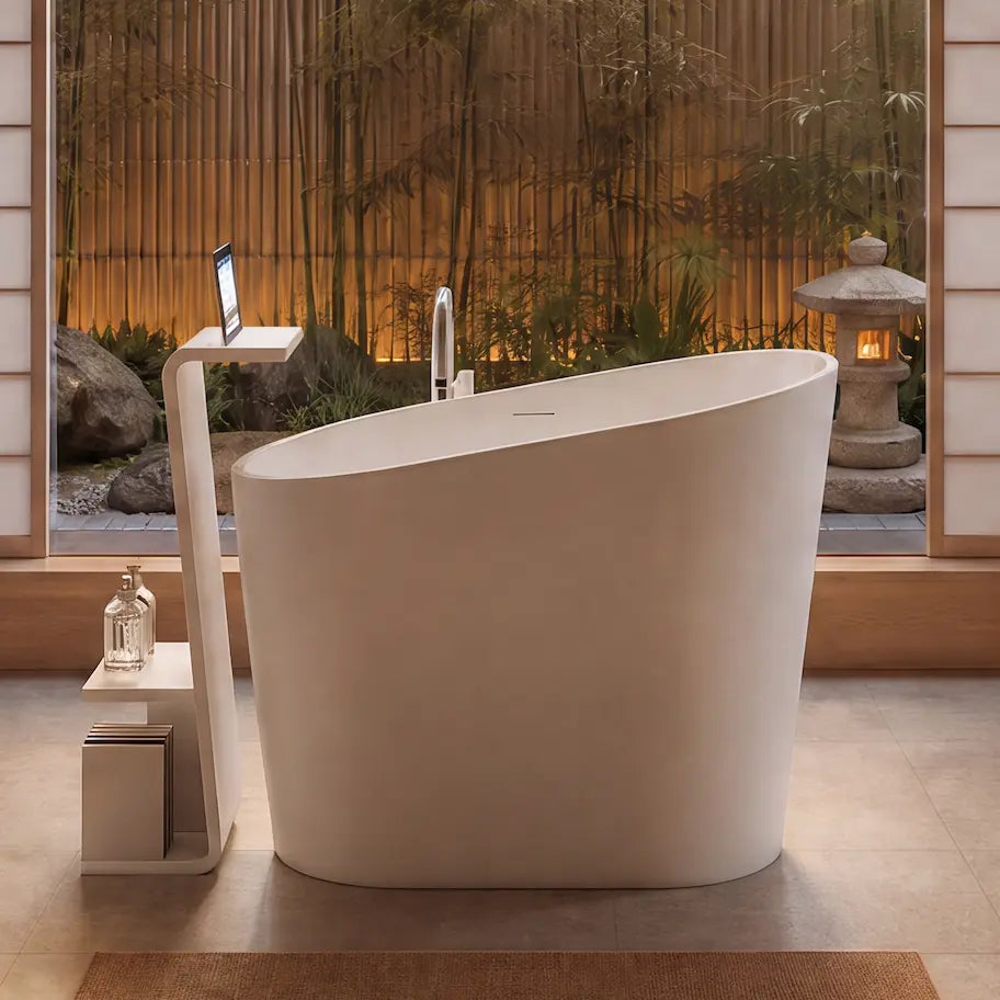 A modern freestanding oval bathtub in a minimalist, warm-toned bathroom with wood walls, dual pedestal sinks, a glass shower enclosure, and a large window overlooking bamboo.