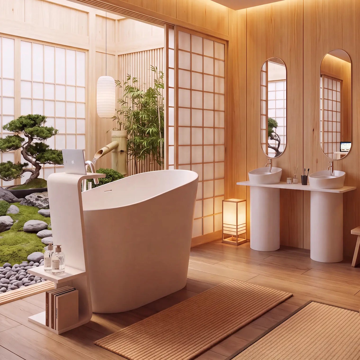 A modern spa-style bathroom with warm wood paneling, a freestanding oval bathtub, dual pedestal sinks, shoji-style sliding doors, and a small outdoor garden visible through the window.