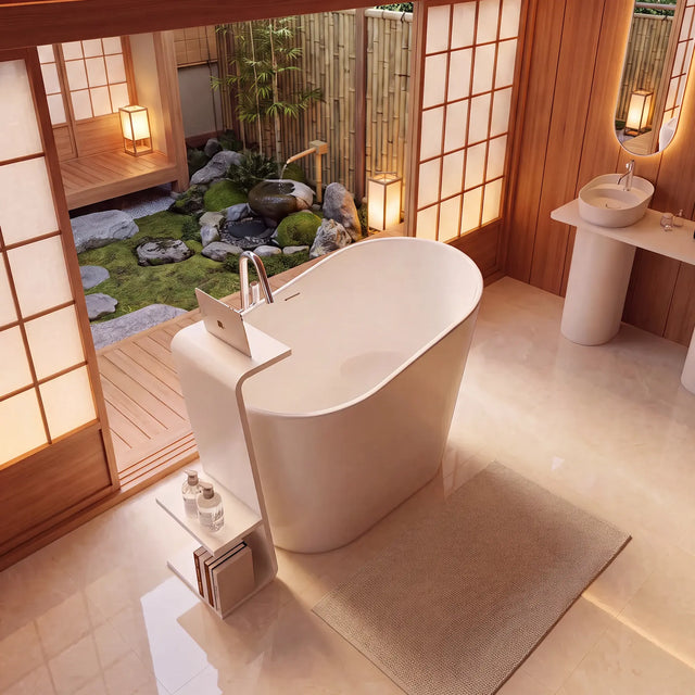 A modern freestanding bathtub with an integrated side shelf and faucet, styled in a luxurious Japanese-inspired bathroom with wood screens, a small outdoor garden, and a pedestal sink.