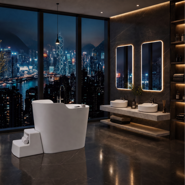 A modern bathroom interior with a white freestanding toilet paper holder and matching white step stool in front of large floor-to-ceiling windows overlooking a nighttime city skyline. The room has dark stone walls and floor, illuminated rectangular mirrors, a double vessel sink vanity, shelving, and a potted tree.