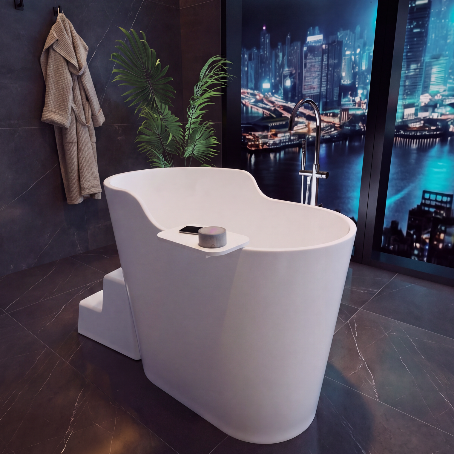A modern white freestanding bathtub with integrated steps, set in a dark bathroom with a city skyline mural visible through the window.