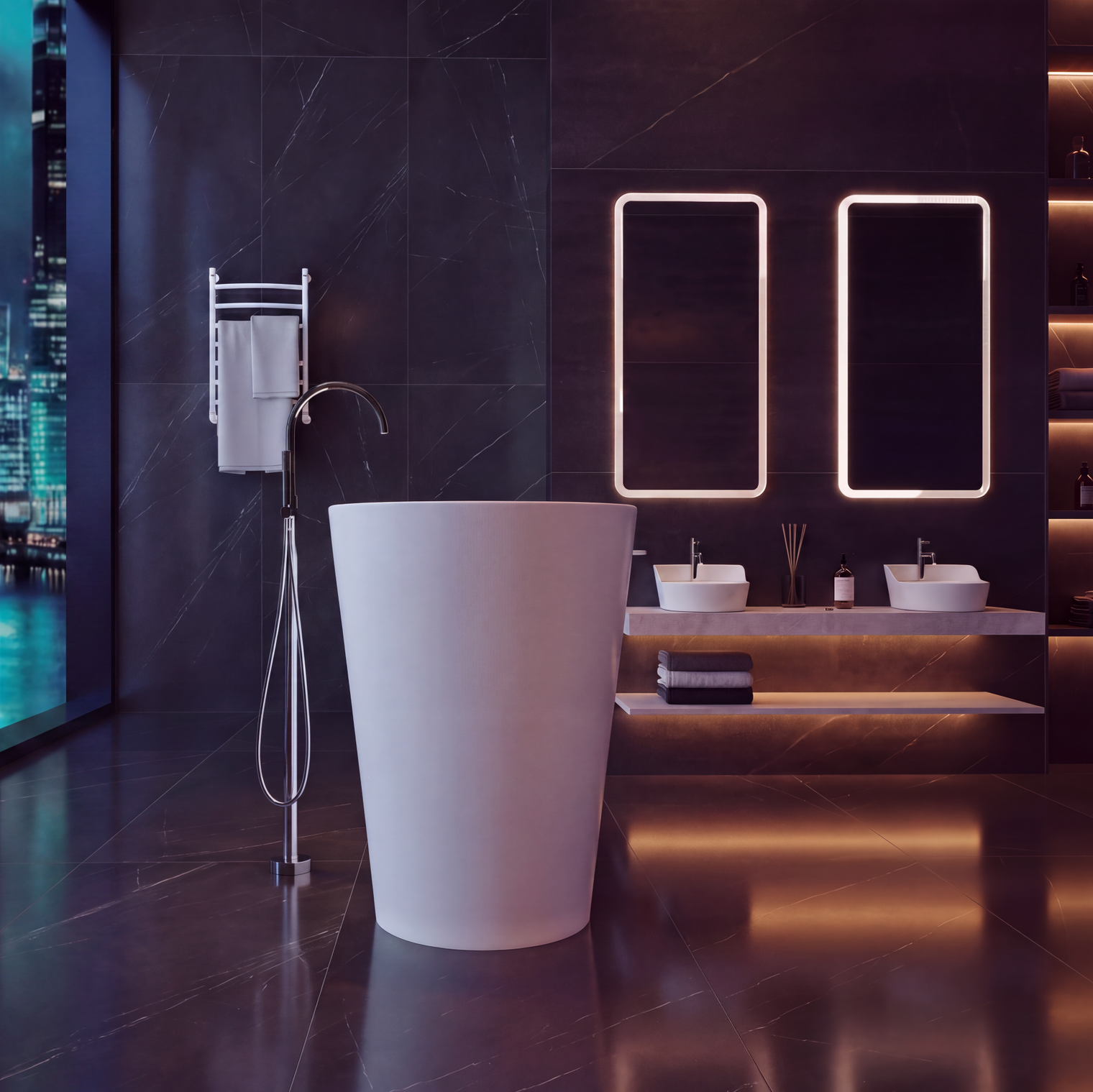 A modern freestanding white bathtub in a luxurious dark bathroom with illuminated rectangular mirrors, a city skyline view at night, and warm ambient lighting.
