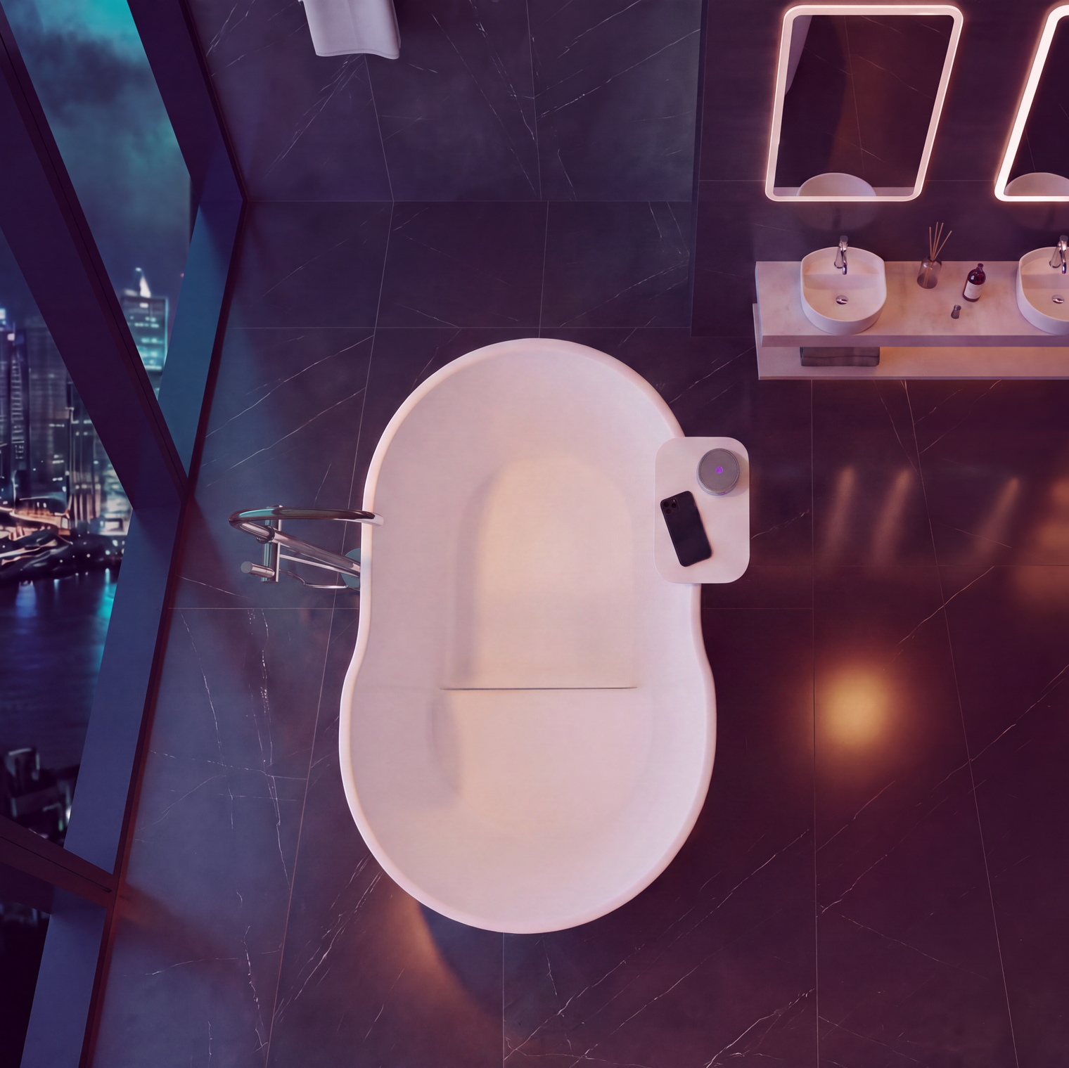 A modern freestanding oval bathtub in a luxury bathroom with dark tiled floors, double sinks, illuminated mirrors, and a city skyline visible through a large window.