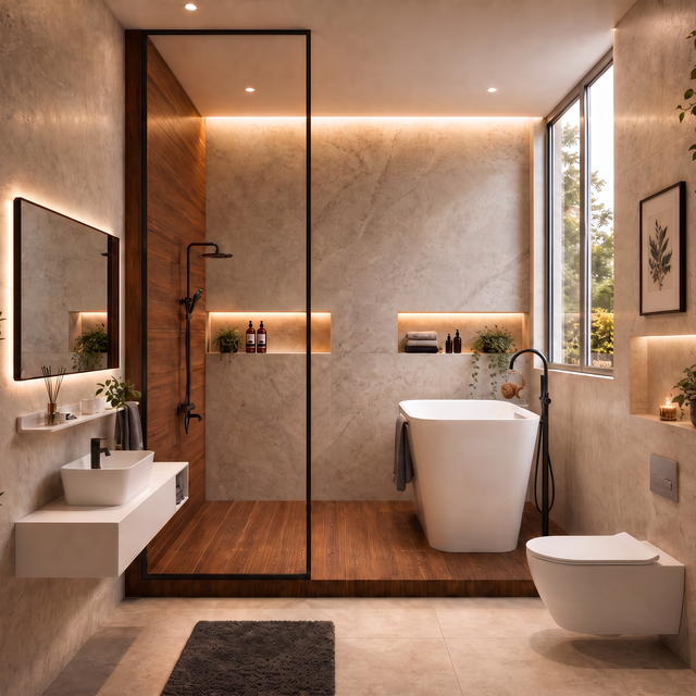 A modern bathroom interior with a freestanding white bathtub, wall-mounted sink, toilet, black-framed glass shower enclosure, wood-look flooring, and warm ambient lighting.