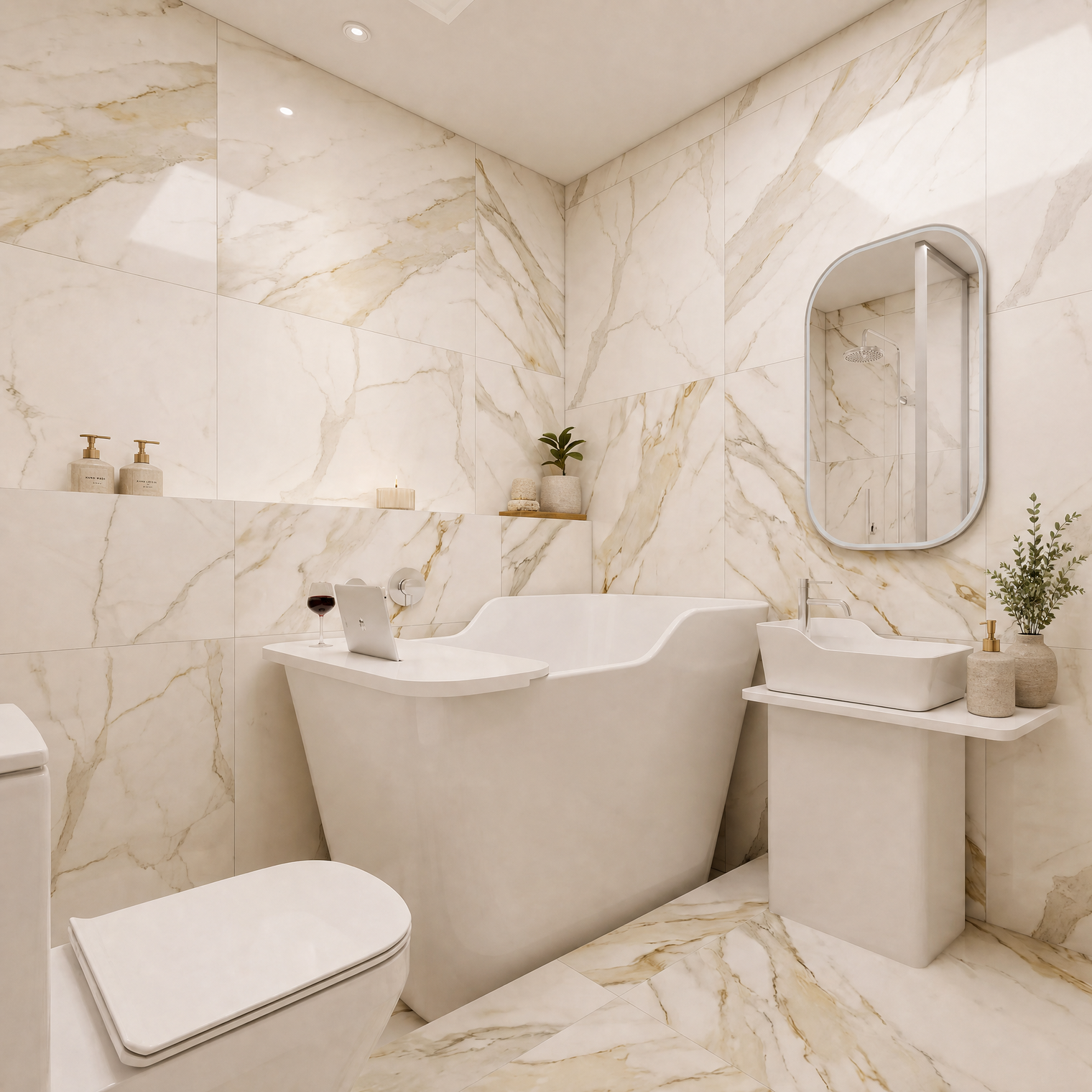 A modern bathroom interior with beige marble-look wall and floor tiles, featuring a freestanding bathtub, a vessel sink on a pedestal, a wall mirror, and a toilet.