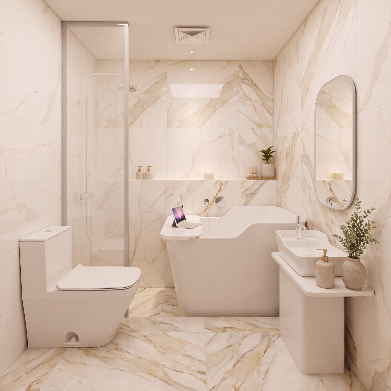 A modern bathroom featuring a freestanding bathtub, a wall-mounted toilet, a vanity with a sink and mirror, and a glass shower enclosure, all set in warm beige marble-look tile.
