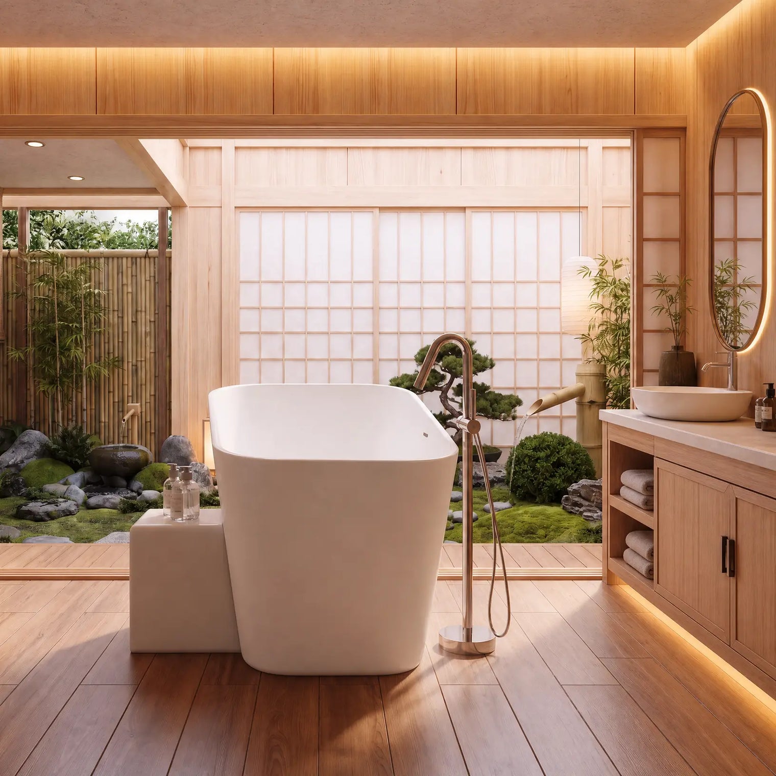 A modern freestanding white bathtub in a minimalist Japanese-style bathroom with light wood flooring, shoji-style walls, and an outdoor garden visible through the back.