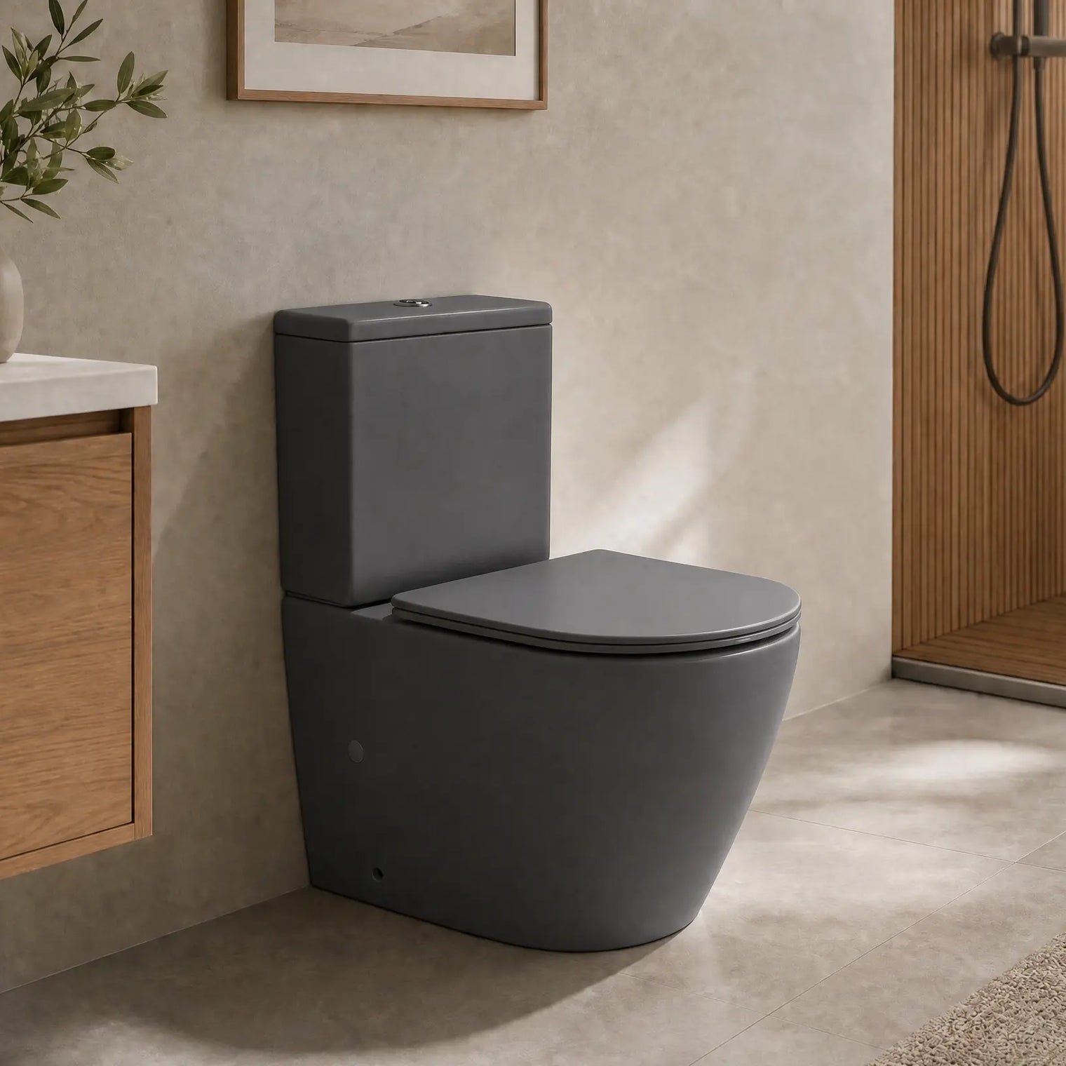 A matte dark gray ceramic toilet with a matching closed lid, shown installed in a modern bathroom with beige walls, wood cabinetry, and a glass shower enclosure.