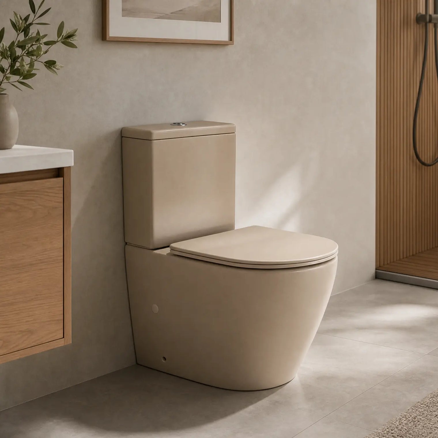A modern 2-piece ceramic toilet in a warm beige or taupe color, shown installed in a minimalist bathroom setting with a wood-look tiled shower area and neutral-toned walls.