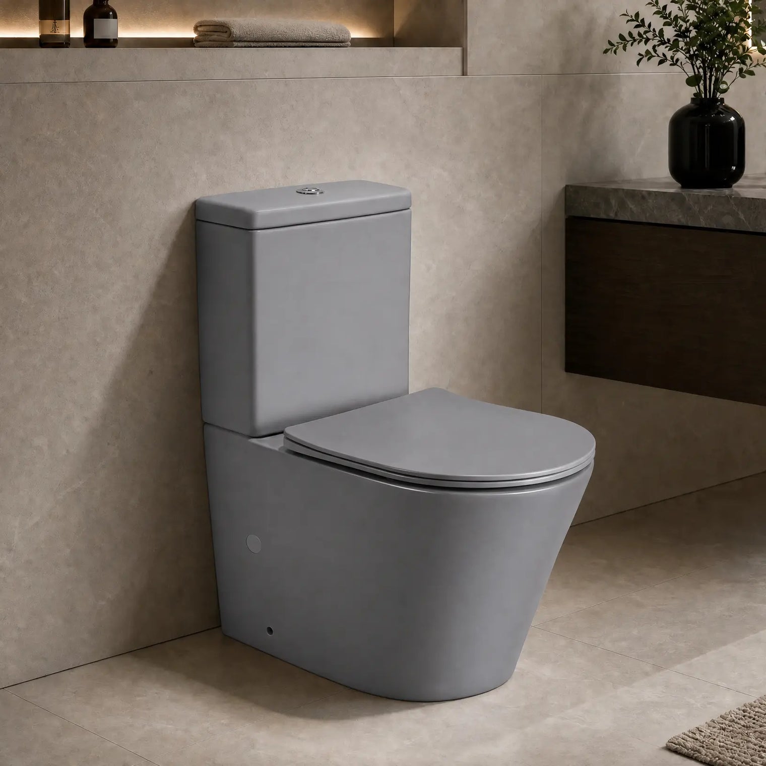 A modern high-waisted grey ceramic toilet shown in a contemporary bathroom setting with beige walls, a floating dark wood vanity, and a stone countertop.