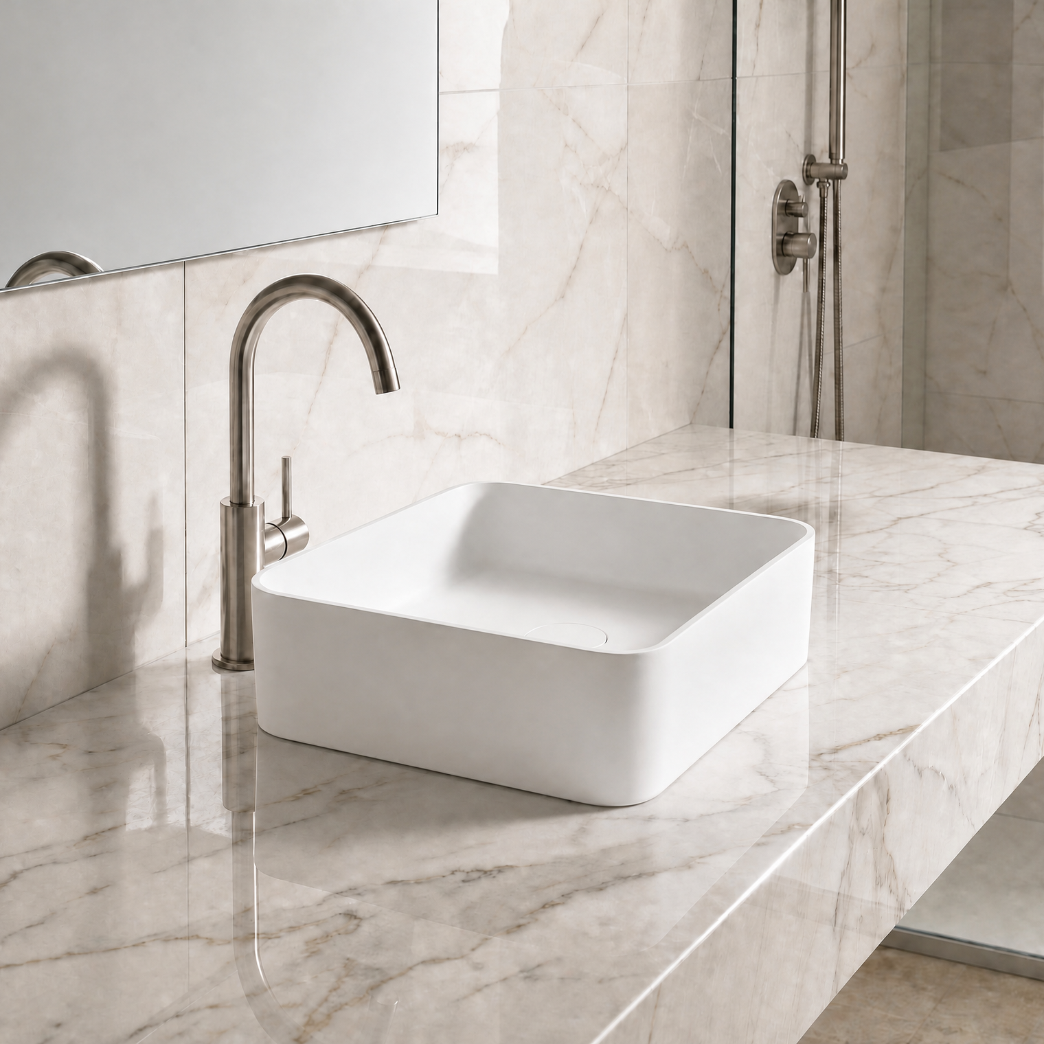 White Solid Surfaces rectangular sink on a marble countertop with a silver faucet.