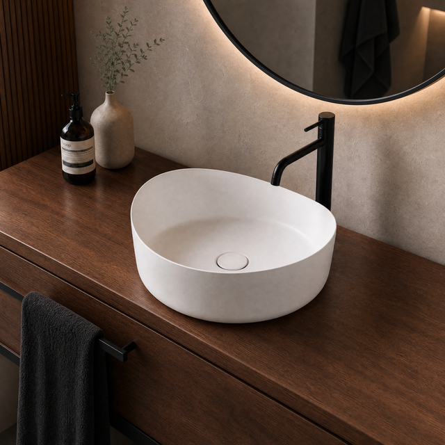 White solid surfaces sink on a wooden vanity with a black faucet and decorative items.
