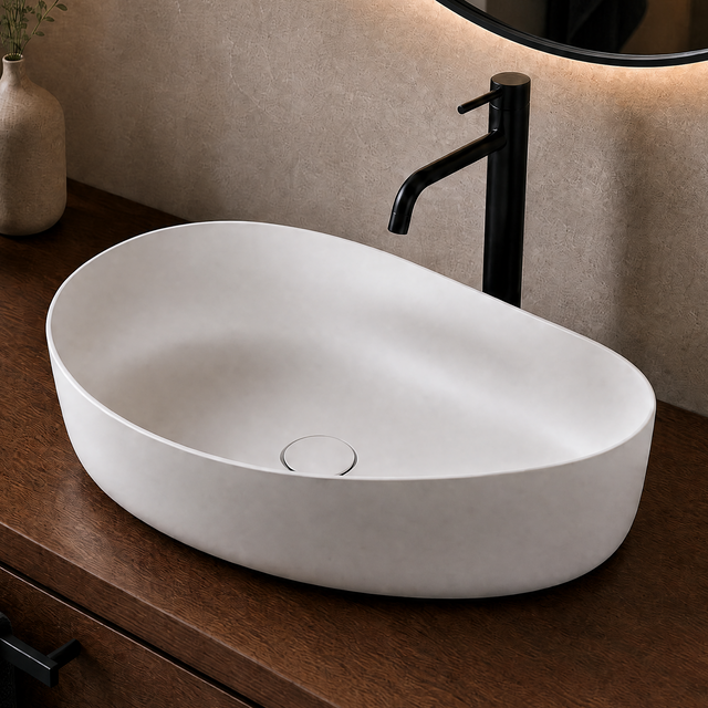 White Solid Surfaces oval sink on a wooden vanity with a black faucet, towel, and decorative items.