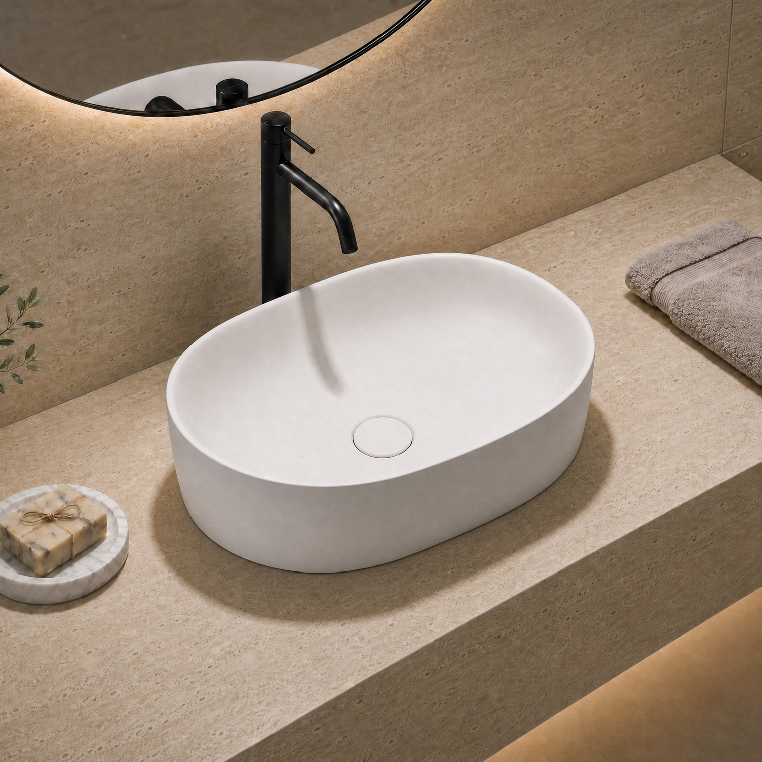 Bathroom sink with black faucet, towel, and plant on beige countertop