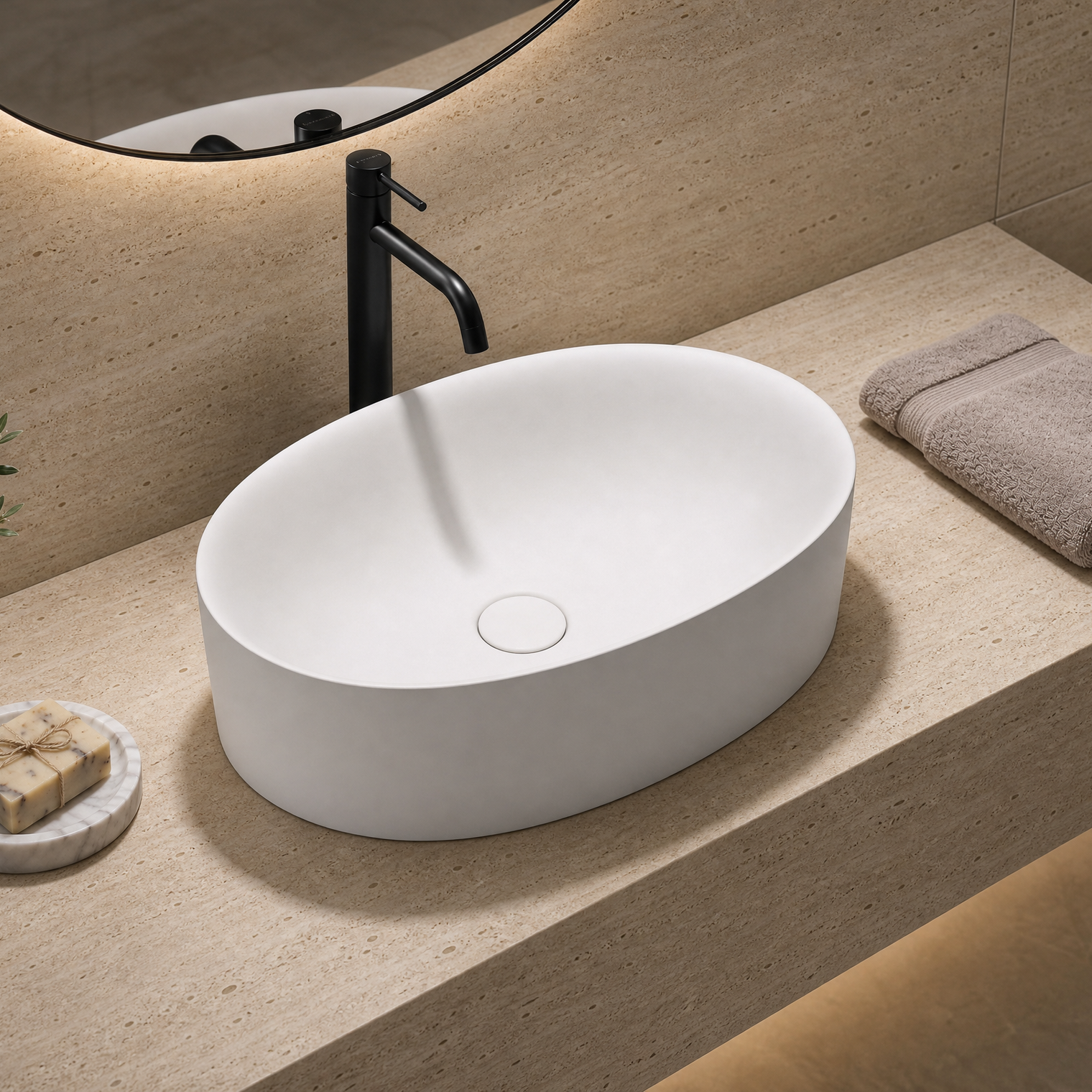 Bathroom sink with black faucet, towel, and soap on a beige countertop.