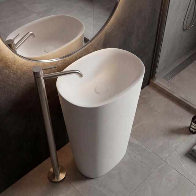 Modern freestanding sink in a bathroom setting with a mirror and tiled floor.