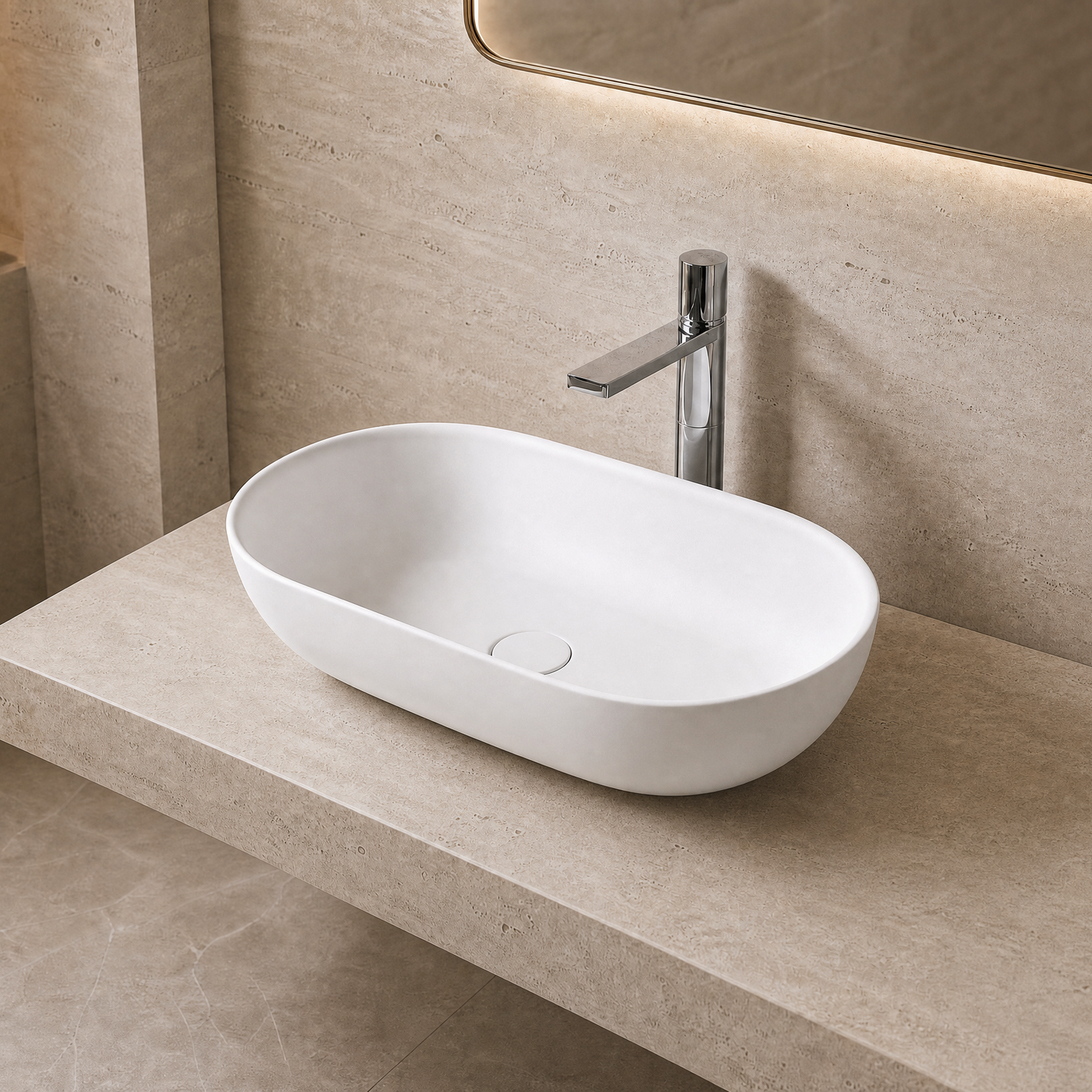 Modern bathroom with a white Solid Surfaces sink on a beige countertop