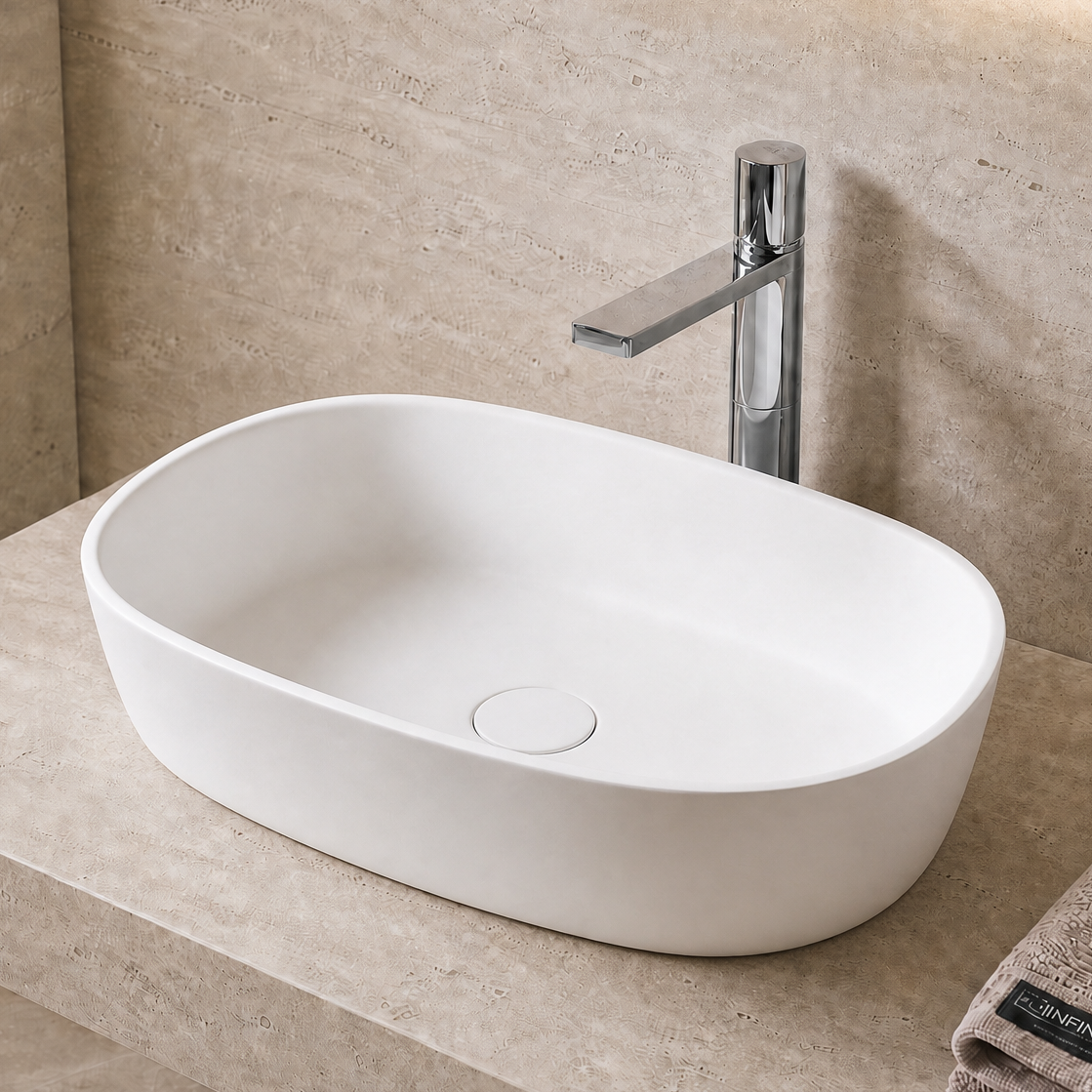 Modern bathroom solid surfaces sink with faucet, towel, and plant in a neutral-toned setting