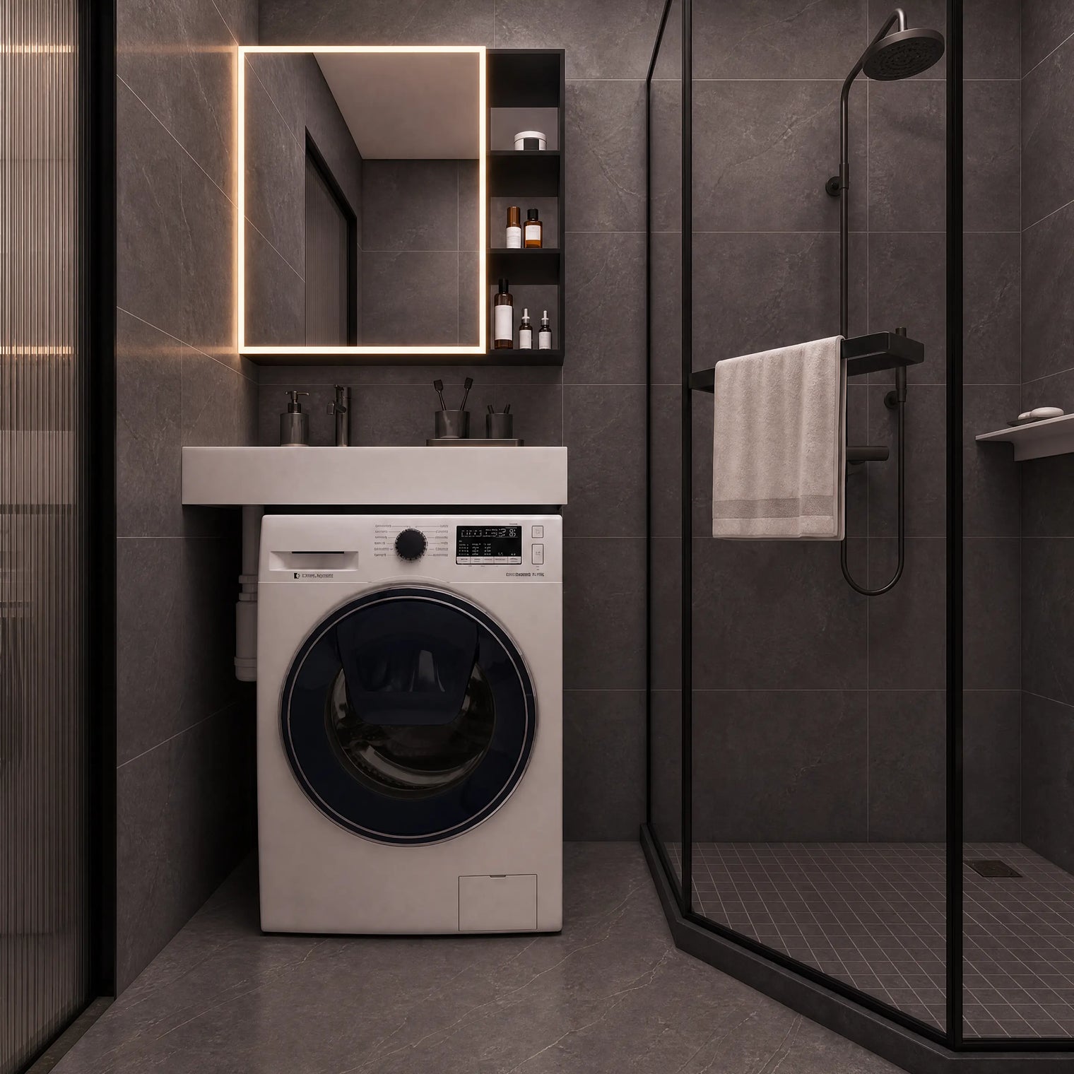 A white front-load washing machine with a dark blue circular door is installed beneath a white sink and illuminated rectangular mirror in a modern dark gray bathroom. To the right is a glass shower enclosure with a hanging towel.