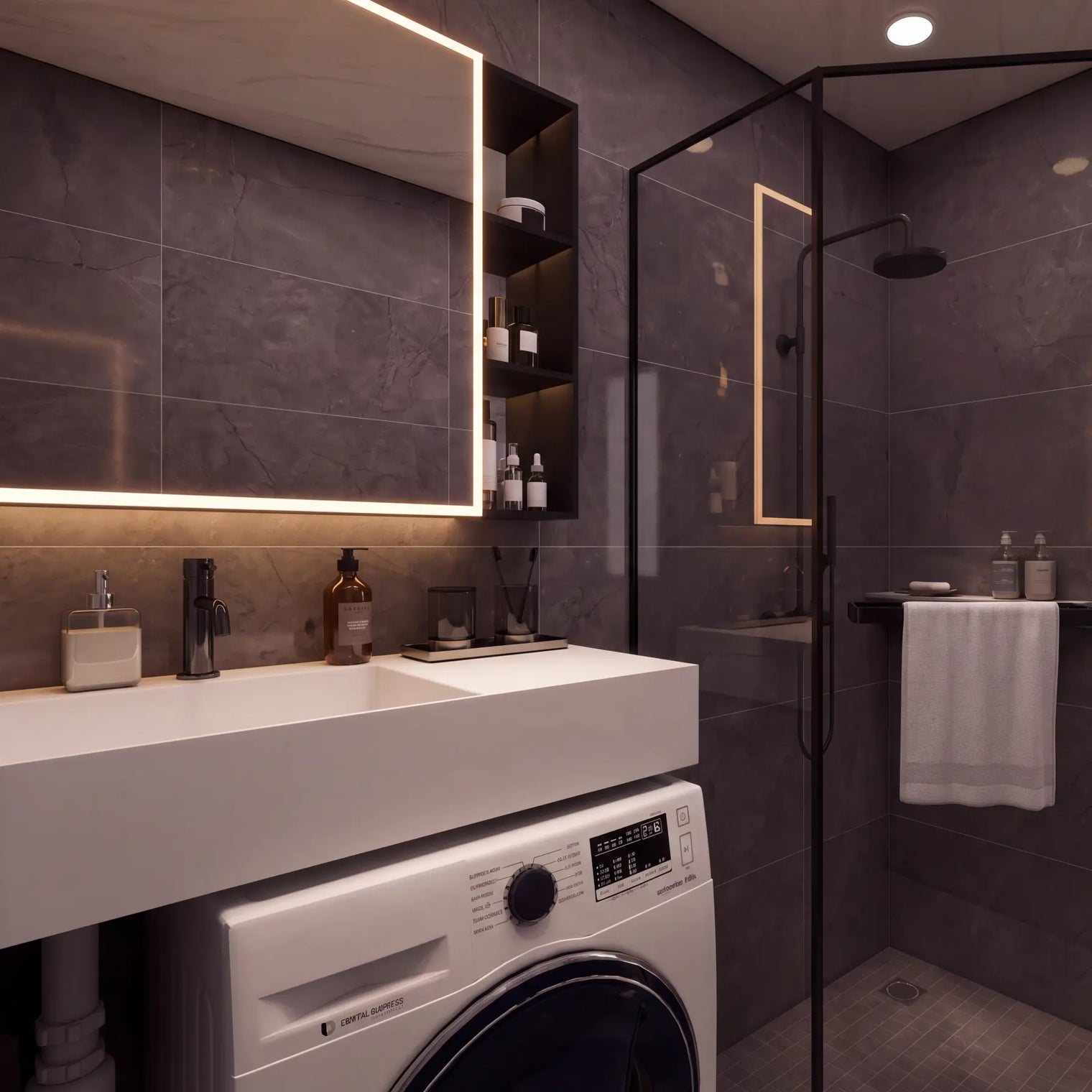 A modern bathroom interior with dark gray tiled walls, a white countertop and sink, a glass shower enclosure, a white washing machine, and part of a white toilet visible.