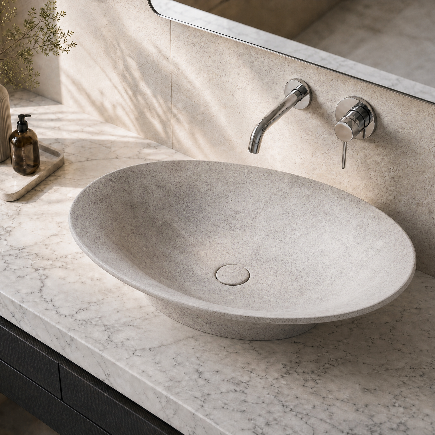 Bathroom vanity with a stone concrete sink and modern faucet.
