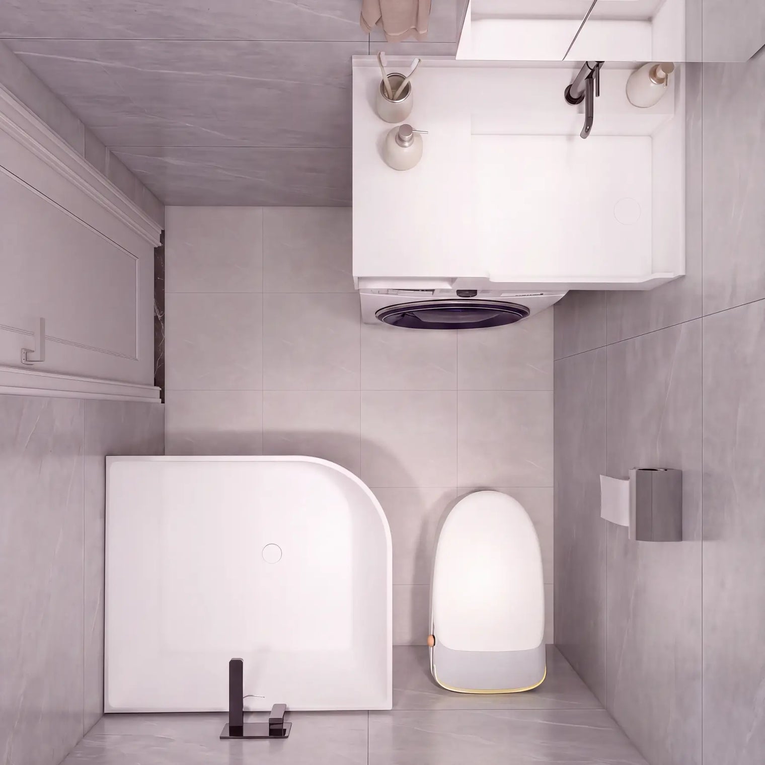 A modern compact bathroom layout with light gray tiled walls and floor, featuring a white freestanding bathtub, a white wall-mounted vanity with sink and mirror, a toilet, and a built-in washing machine, plus a small window on the left.